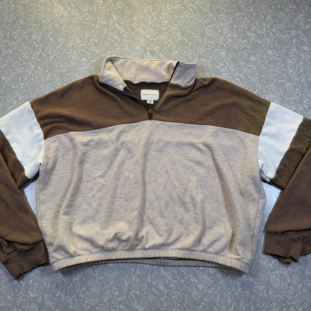 American Eagle Women Brown Colorblock Quarter Zip Sweatshirt Pullover Size M